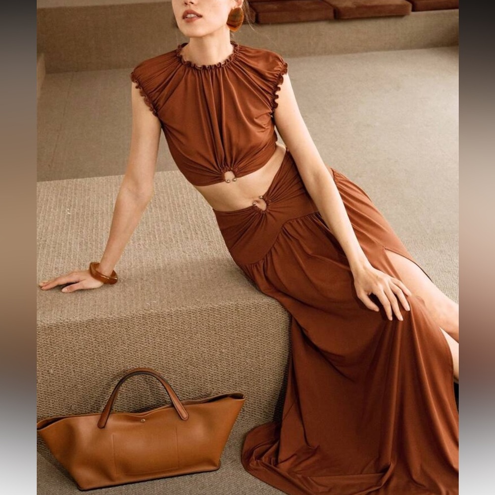 Rust brown stretchy 2 piece matching SET maxi skirt & top set, stretchy - Picture 4 of 7